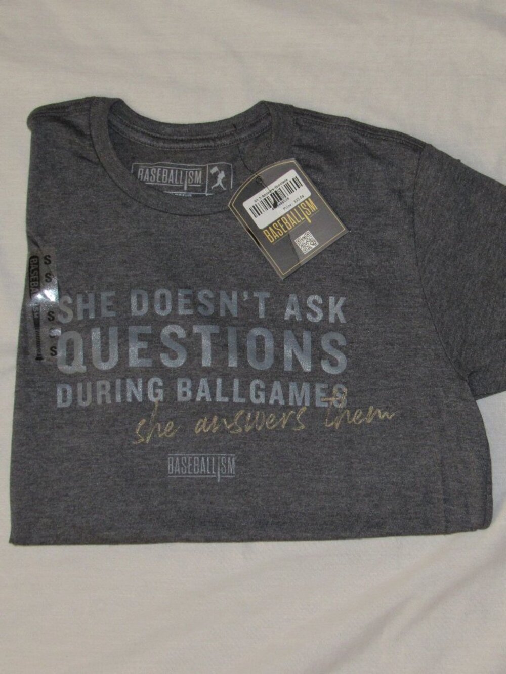 NWT Baseballism She Doesn’t Ask Questions During Ballgames Gray T Shirt Womens S